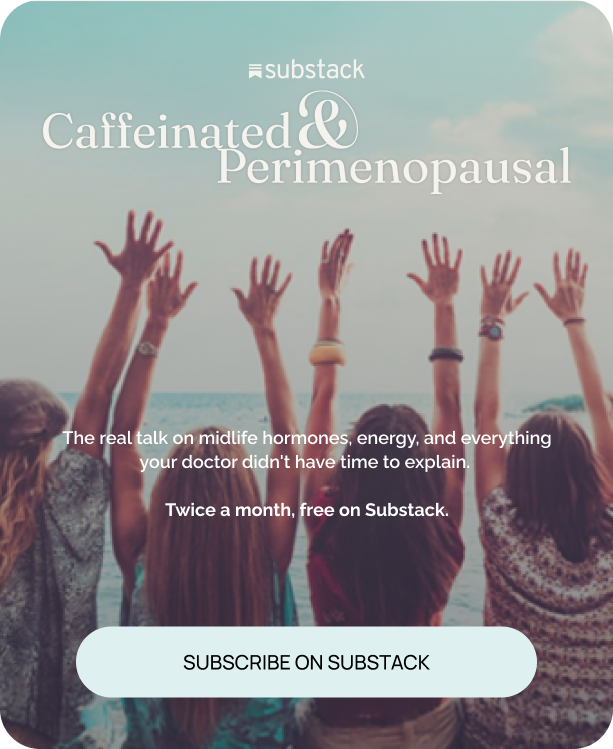Group of women raising their hands in the air at the beach, promoting a podcast about midlife hormones and energy on Substack.