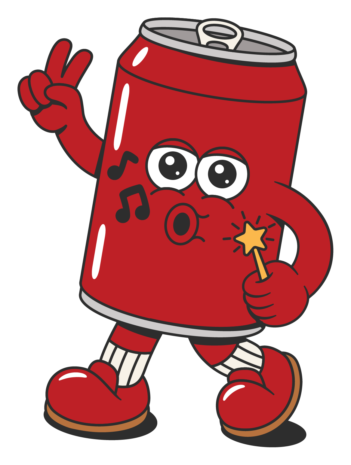 Red beer can illustration giving peace sign.