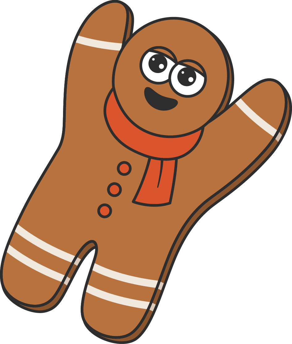 Illustrated gingerbread man with hands raised.