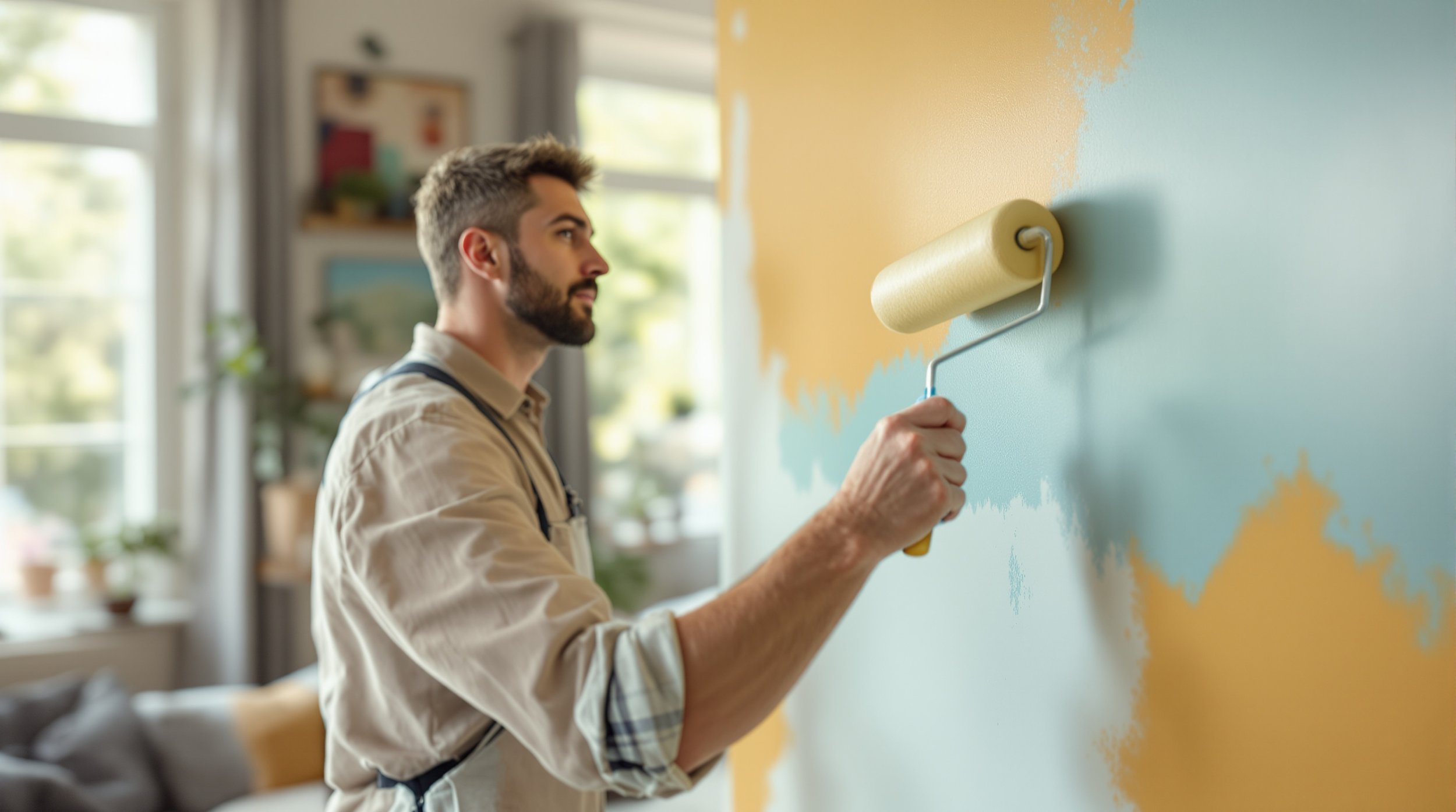 Man painting a wall with a paint roller in a bright room.