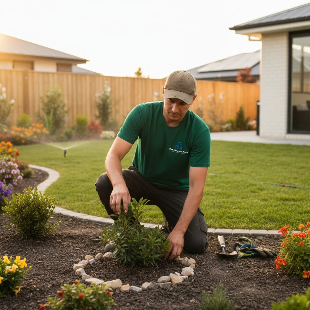 A man planting a shrub in a flower bed in a backyard during sunset, with gardening tools nearby and a lawn sprinkler watering the grass.