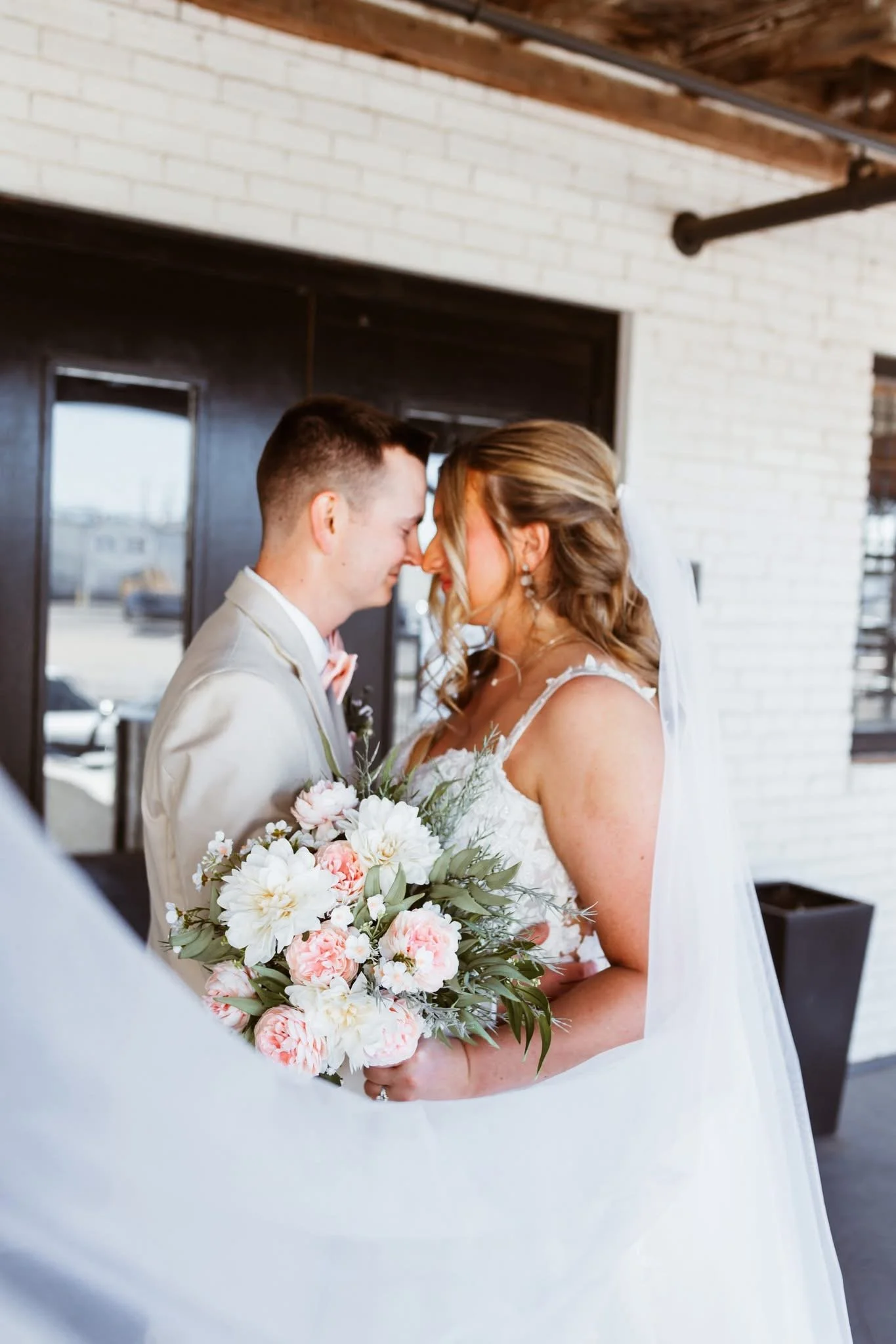 Half-up Bridal updo, soft modern waves; wedding hair by Stephanie Renee in Oklahoma City 