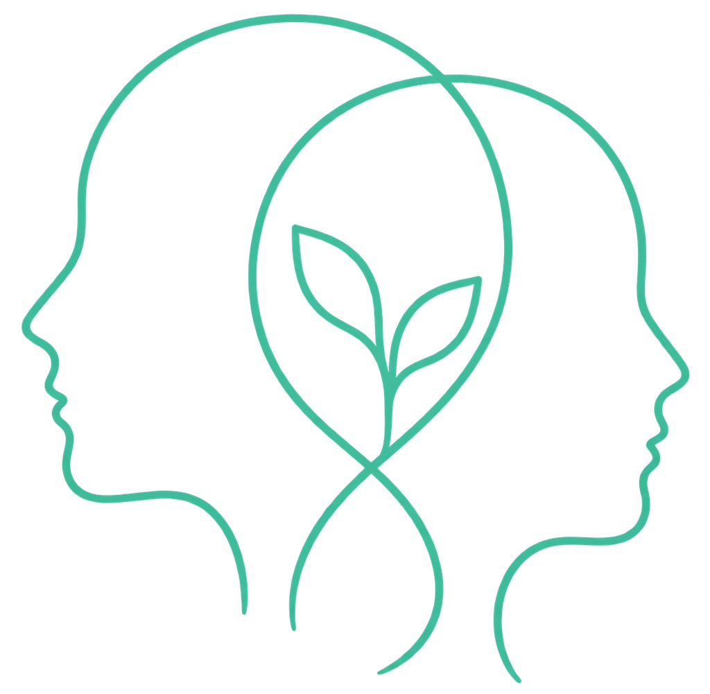 Outline drawing of two human faces in profile, facing each other, with a plant inside a heart shape between them.