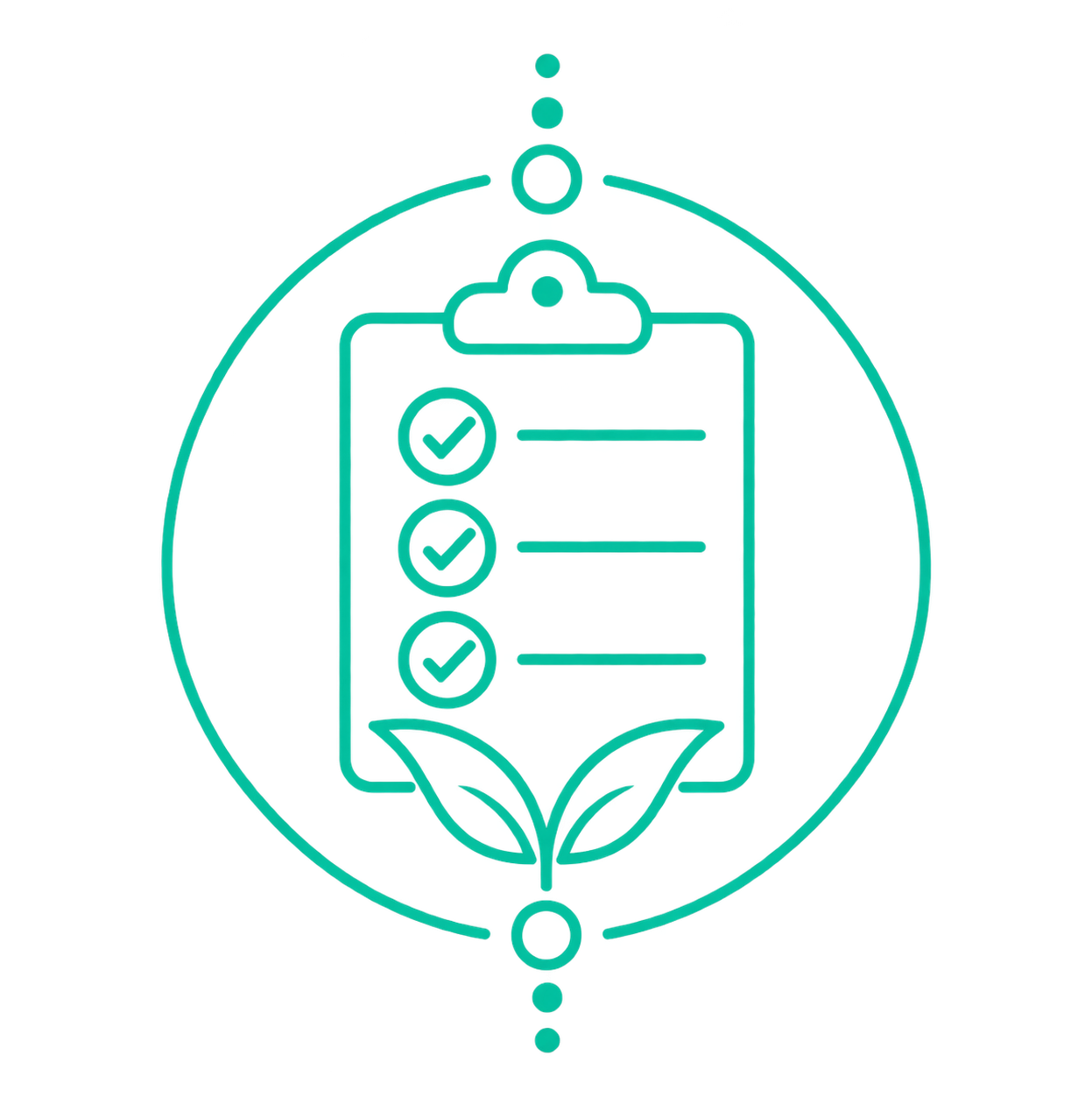Neon outline of a clipboard with checkmarks and a leaf at the bottom, surrounded by geometric shapes and a circle, symbolizing a focus on eco-friendly or sustainable practices.