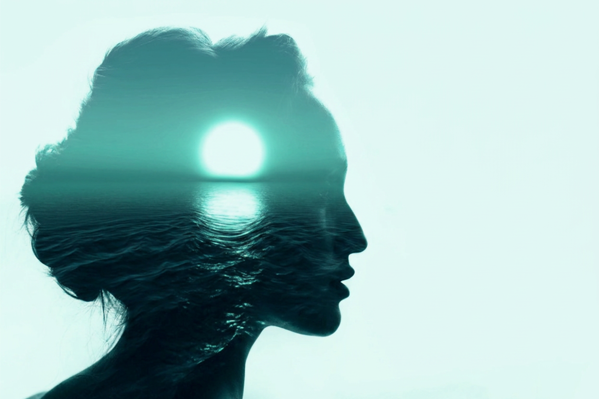 A double exposure image featuring the silhouette of a woman and a sunset over the water.
