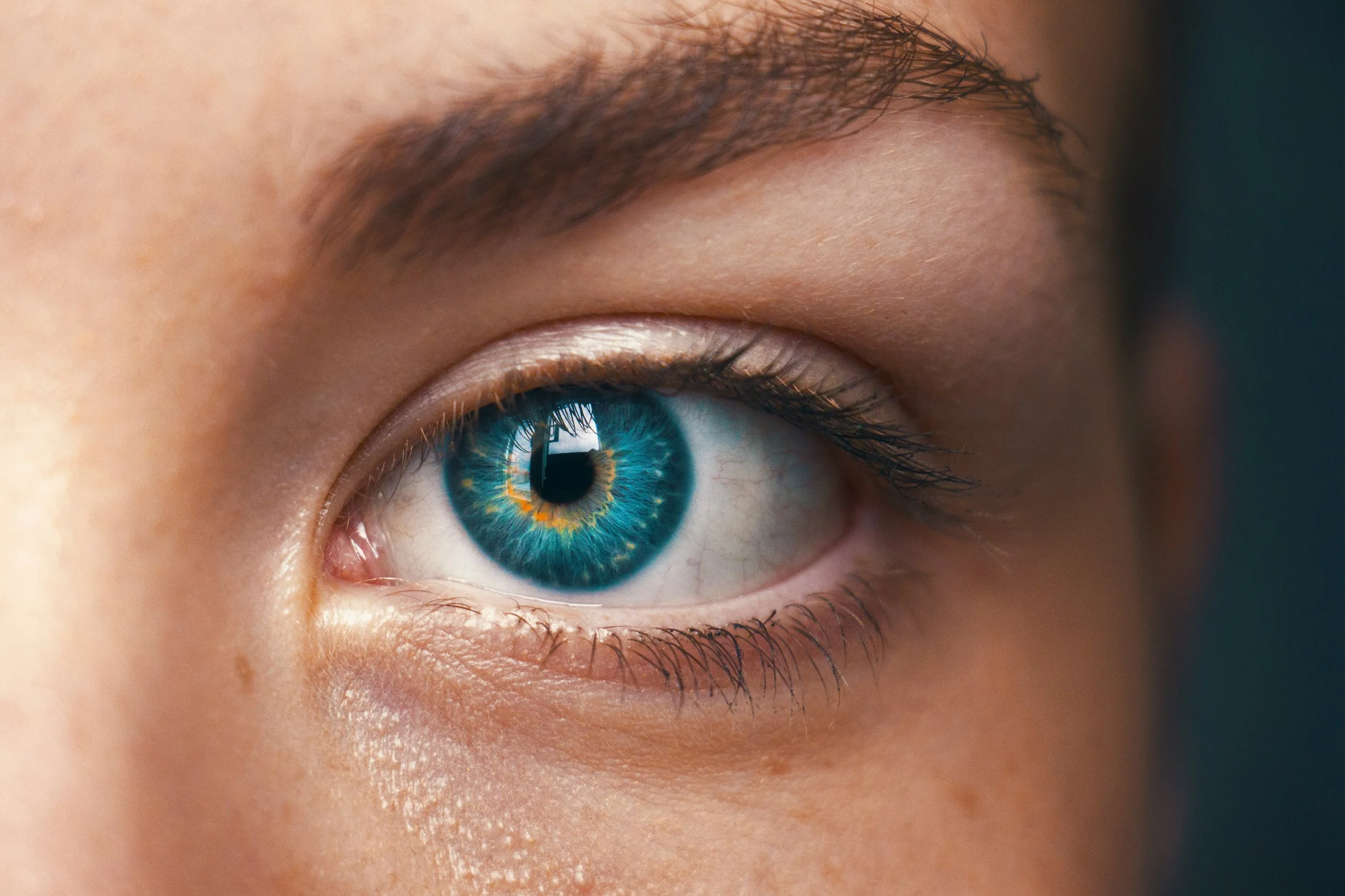 Close-up of a person's eye with a bright blue iris, detailed eyelashes, and part of eyebrow visible, with a slight reflection on the cornea.