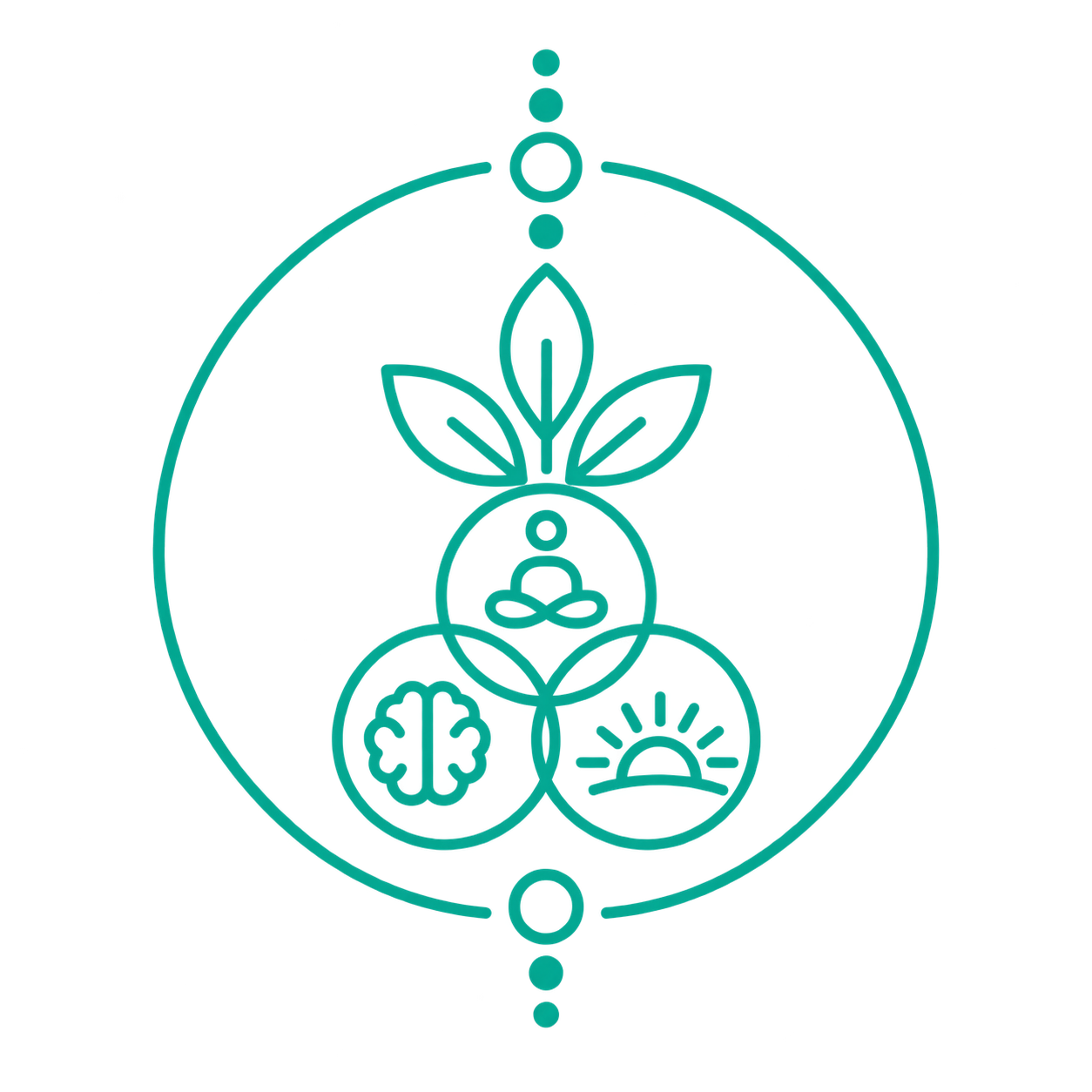 Line drawing of a spiritual or holistic symbol featuring a meditating figure inside a circle, with leaves, a brain, and a sunrise incorporated into the design.