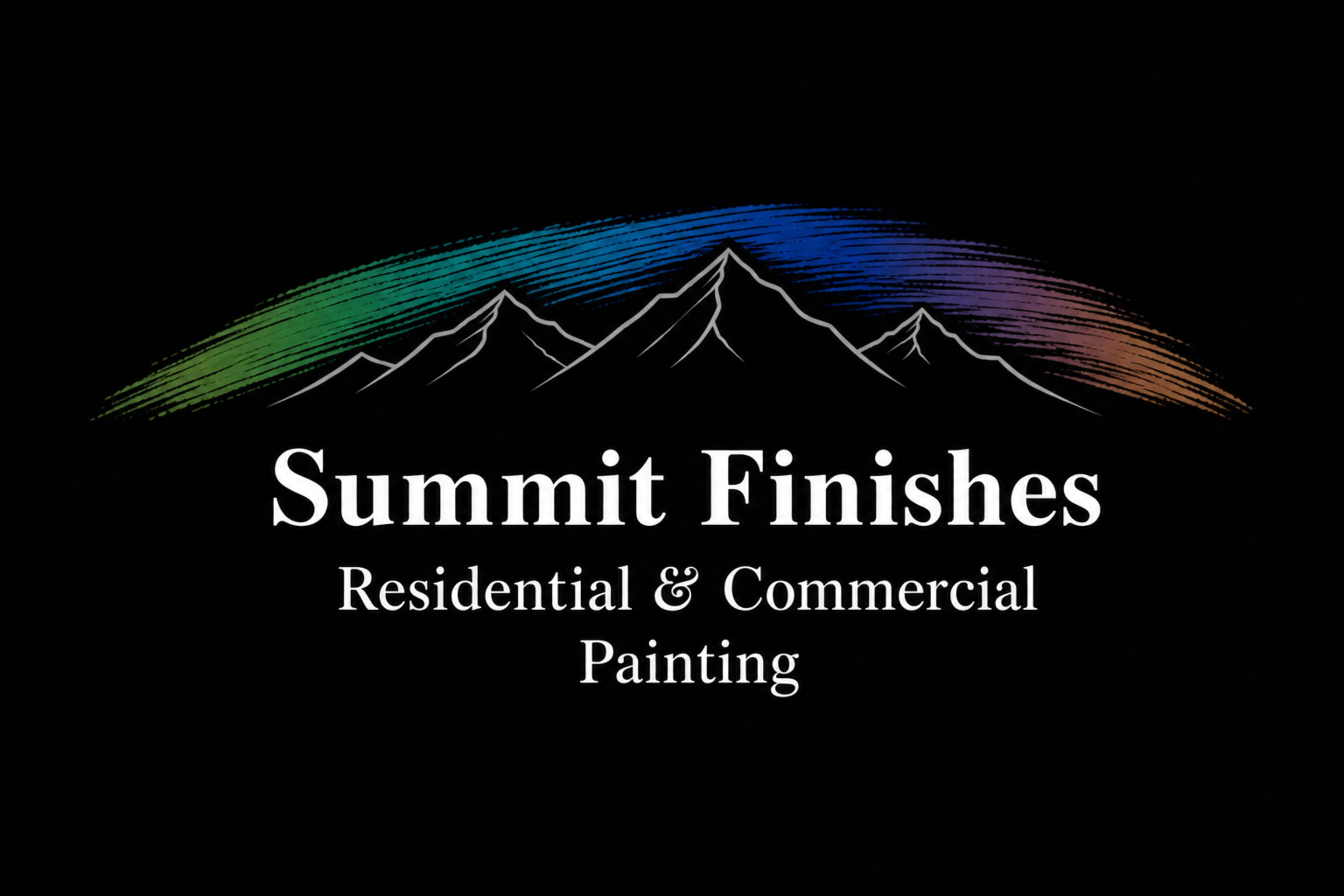 A black background with a colorful mountain range and rainbow-like arch. Contains white text mentioning 'Summit Finishes Residential & Commercial Painting.'