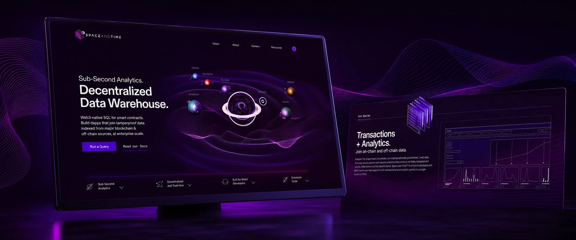 A digital screen displays information about a decentralized data warehouse and transaction analytics, with a dark purple background and neon purple accents, featuring graphs and data visualizations. South of LA's work for Space and Time.