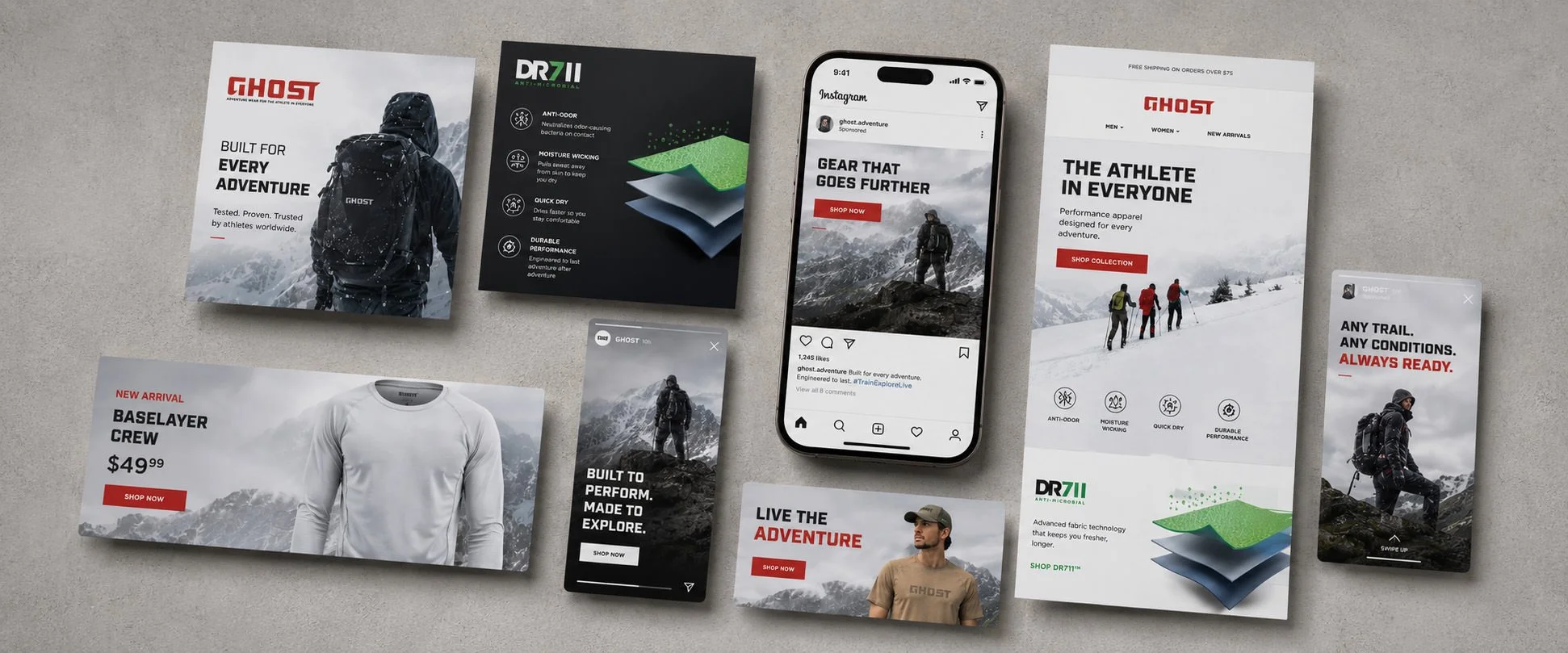 A collection of outdoor and adventure clothing and gear advertisements on paper and smartphone screens, featuring mountaineering and hiking themes with people in snow and mountain landscapes. South of LA's work for Ghost.