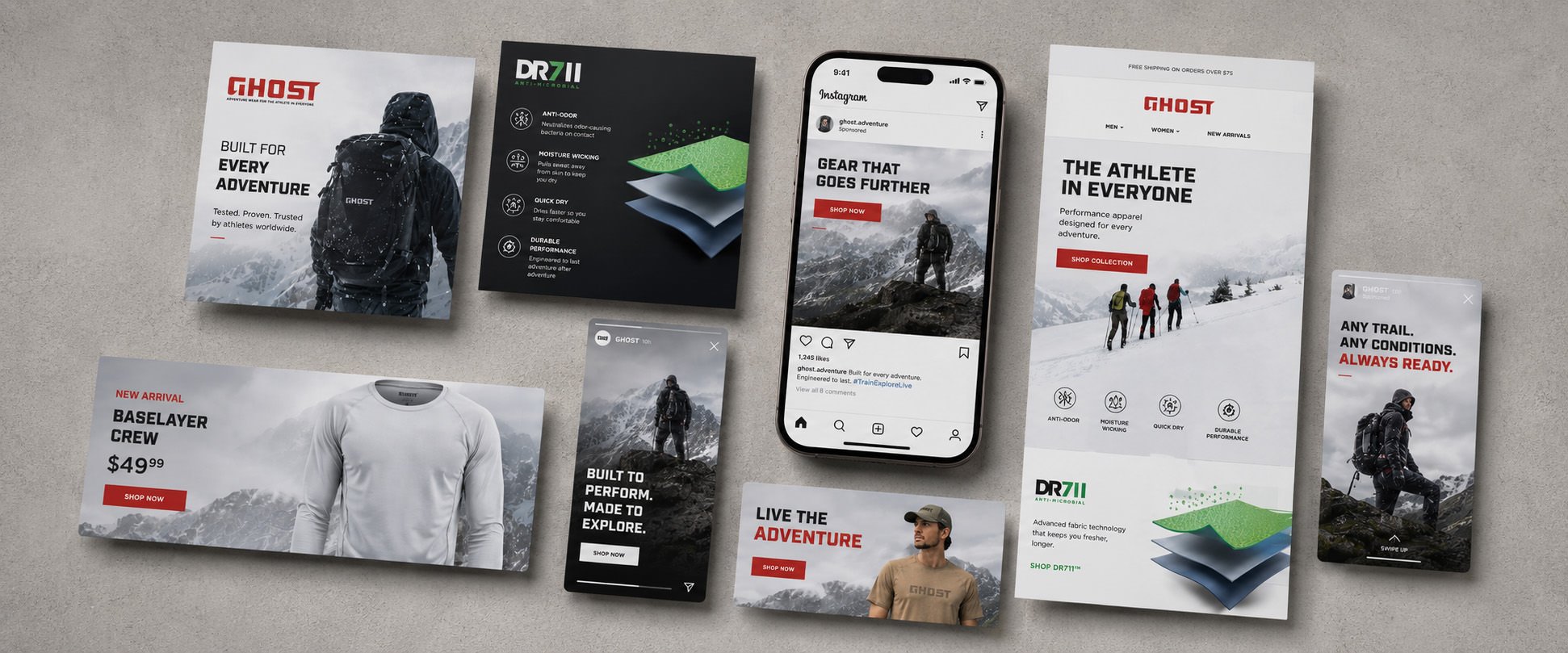 A collection of outdoor and adventure clothing and gear advertisements on paper and smartphone screens, featuring mountaineering and hiking themes with people in snow and mountain landscapes. South of LA's work for Ghost.