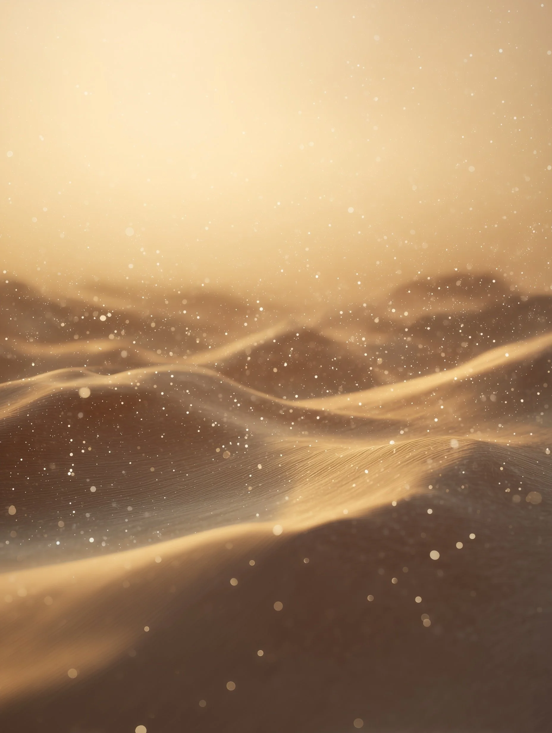Golden sand dunes with sparkling particles and a warm, glowing light.