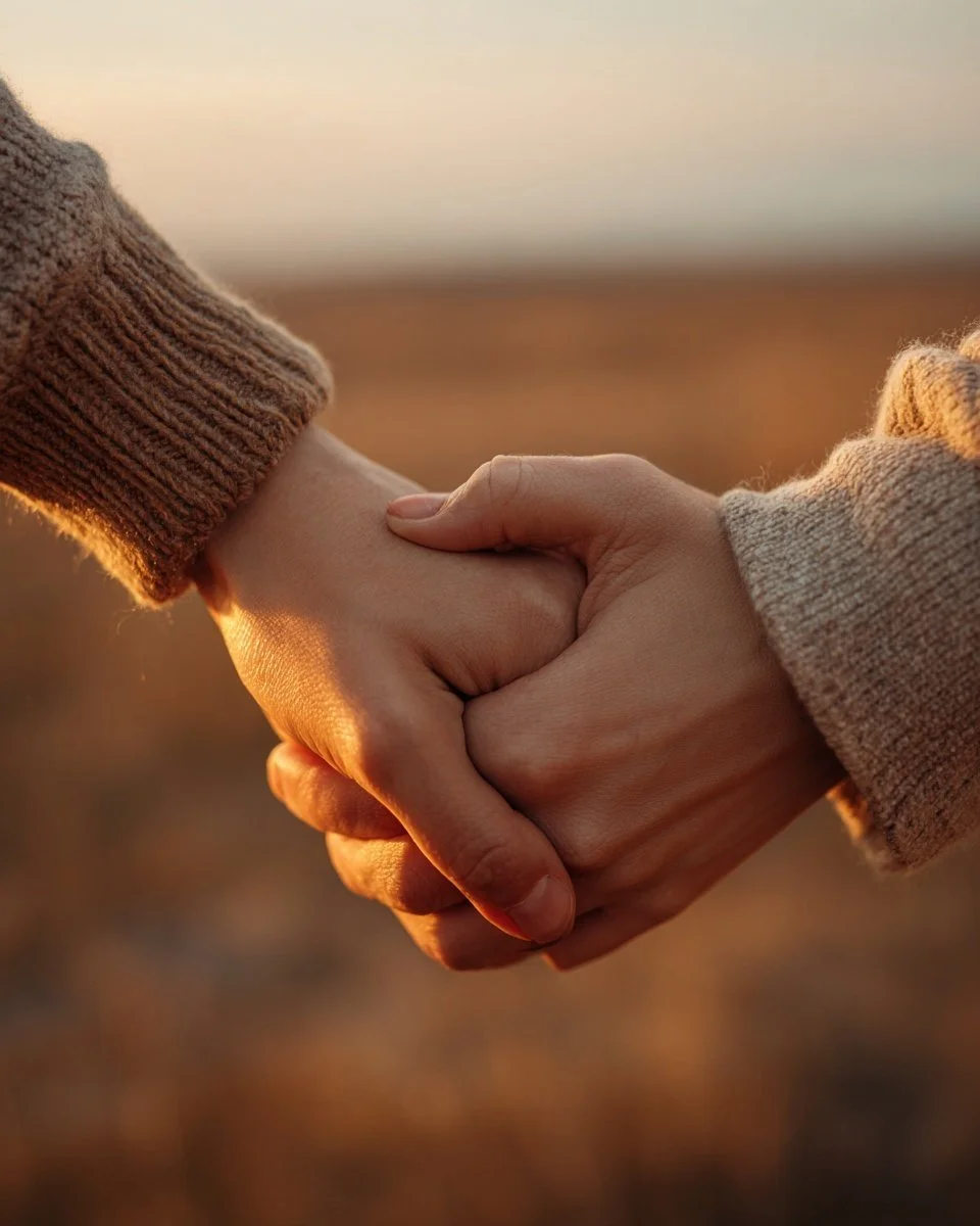 Two people holding hands outdoors during sunset, wearing cozy sweaters.