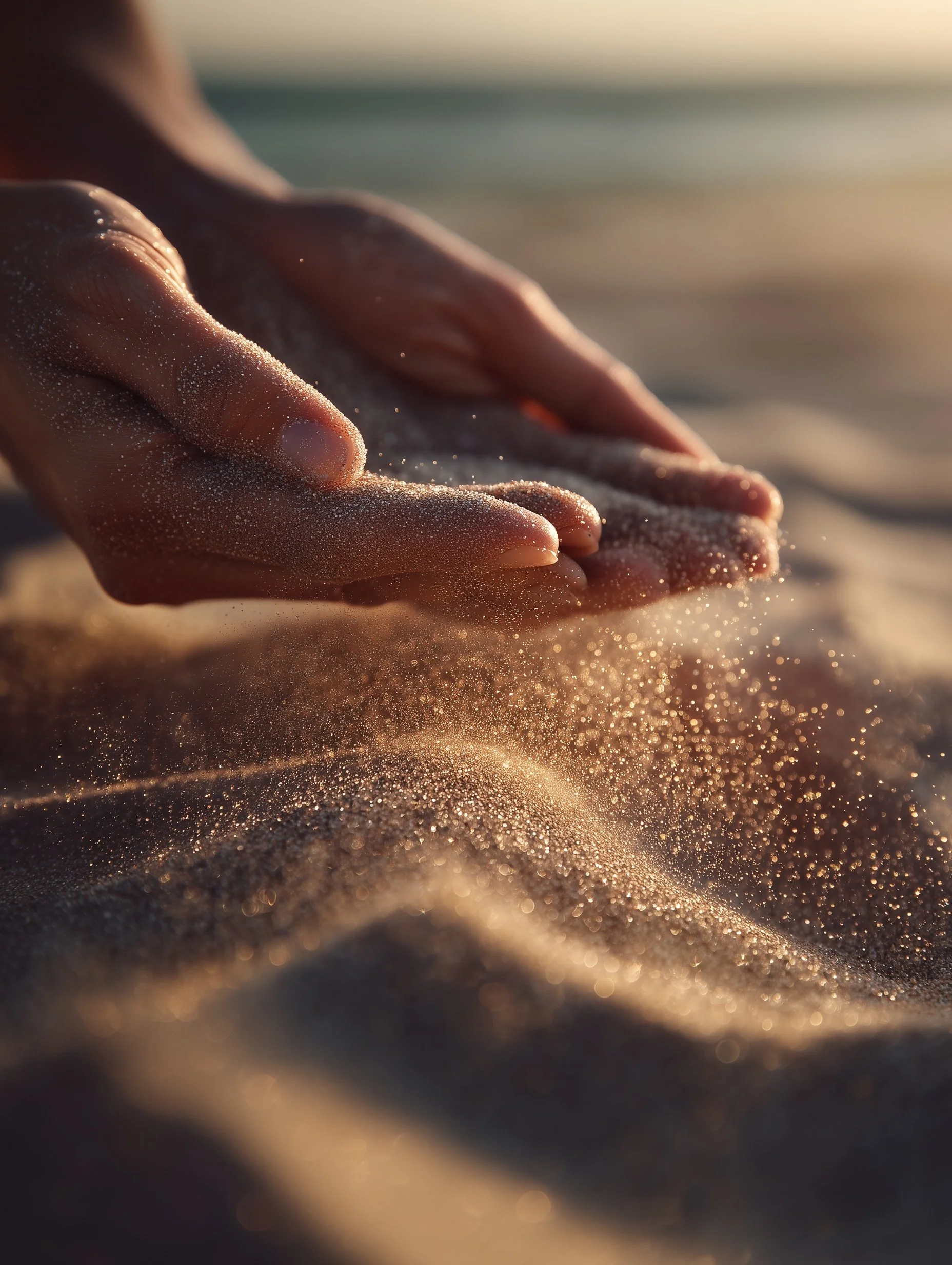 Close-up of hands scooping sand on a beach with sunlight highlighting the particles.