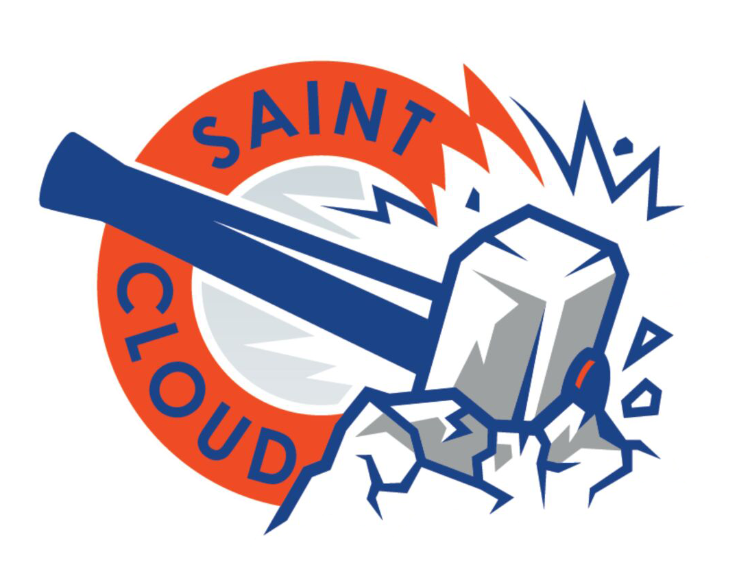 Logo of the Saint Louis Blues hockey team featuring a stylized hammer smashing ice, with blue and red colors and the team name encircling the image.