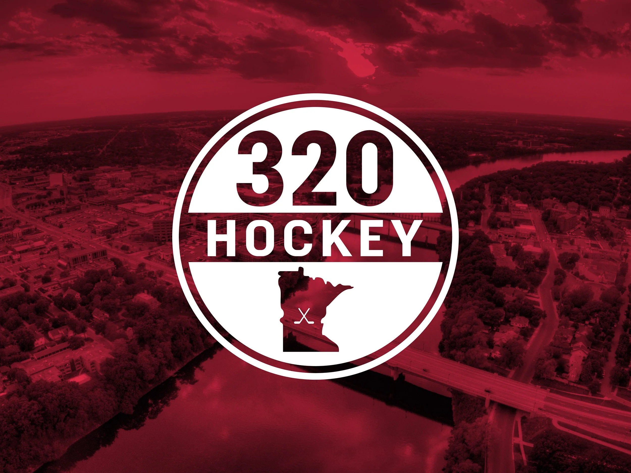 Aerial view of a city with a river running through it, overlaid with a logo that says '320 Hockey' and features an outline of the state of Minnesota with a hockey stick crossing.