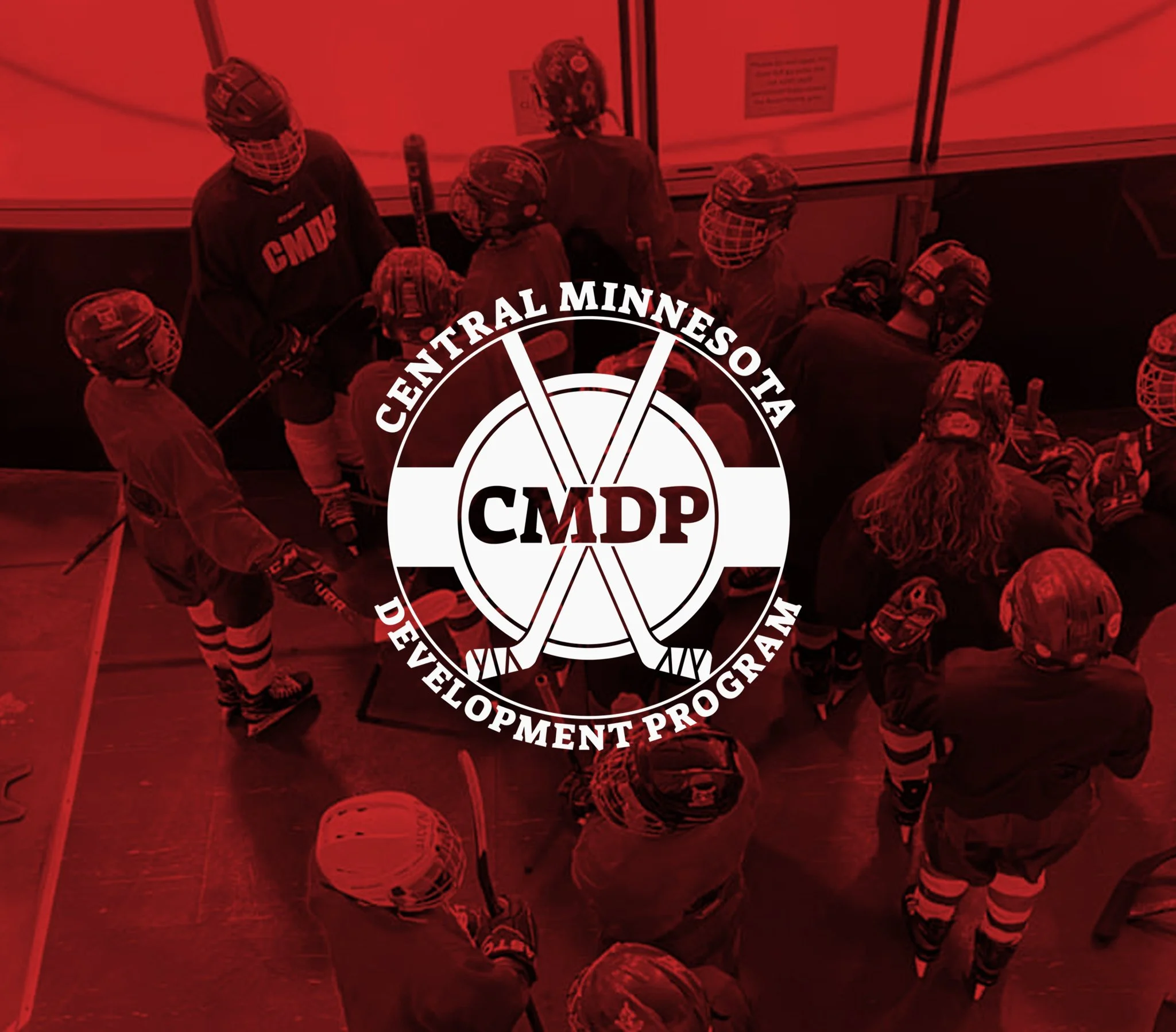 Overlay of a logo for the Central Minnesota Development Program (CMDP) in front of a red-tinted hockey team gathered in a locker room.