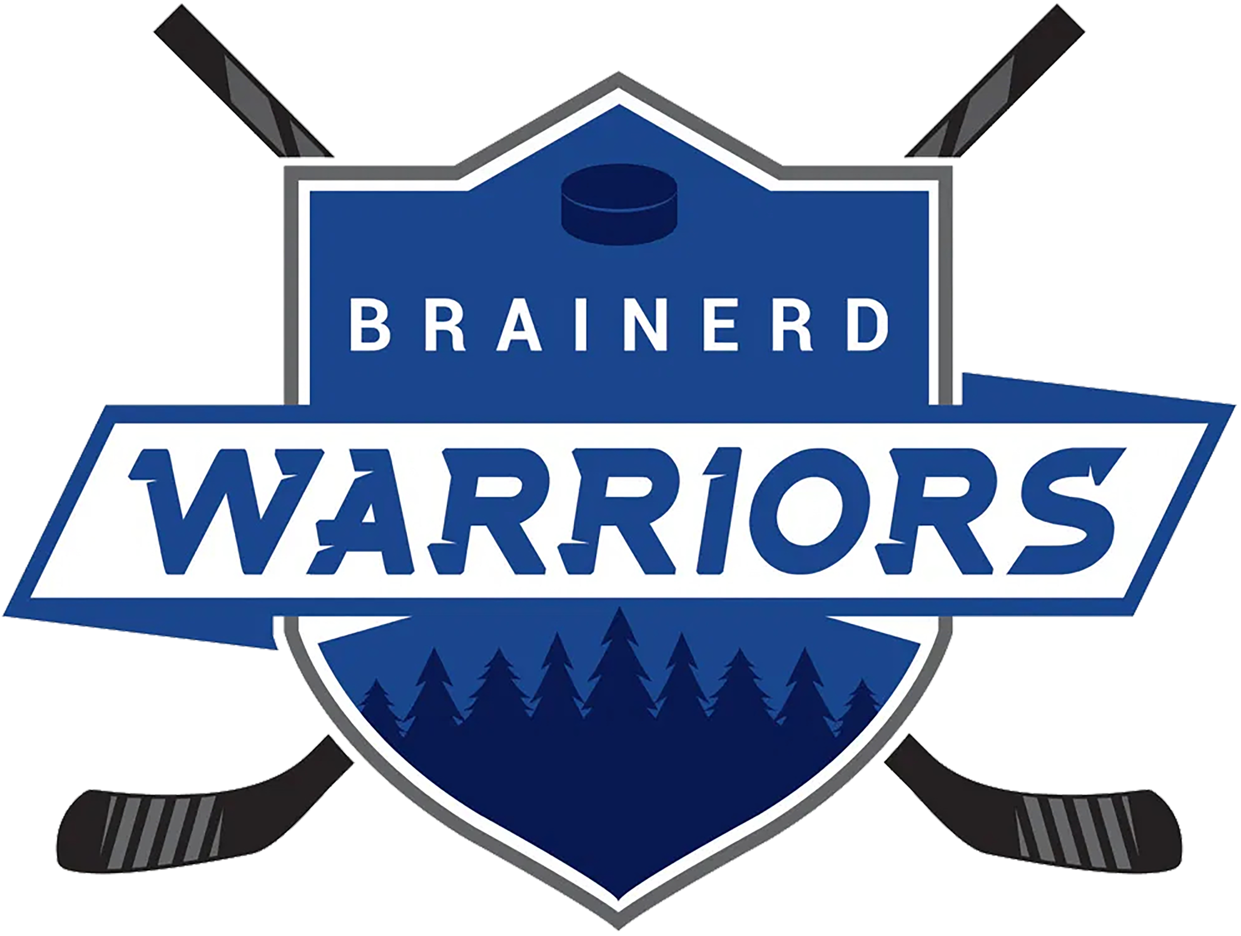 Logo for the Brainerd Warriors, featuring a crest with trees, hockey sticks, and the words Brainerd and Warriors.