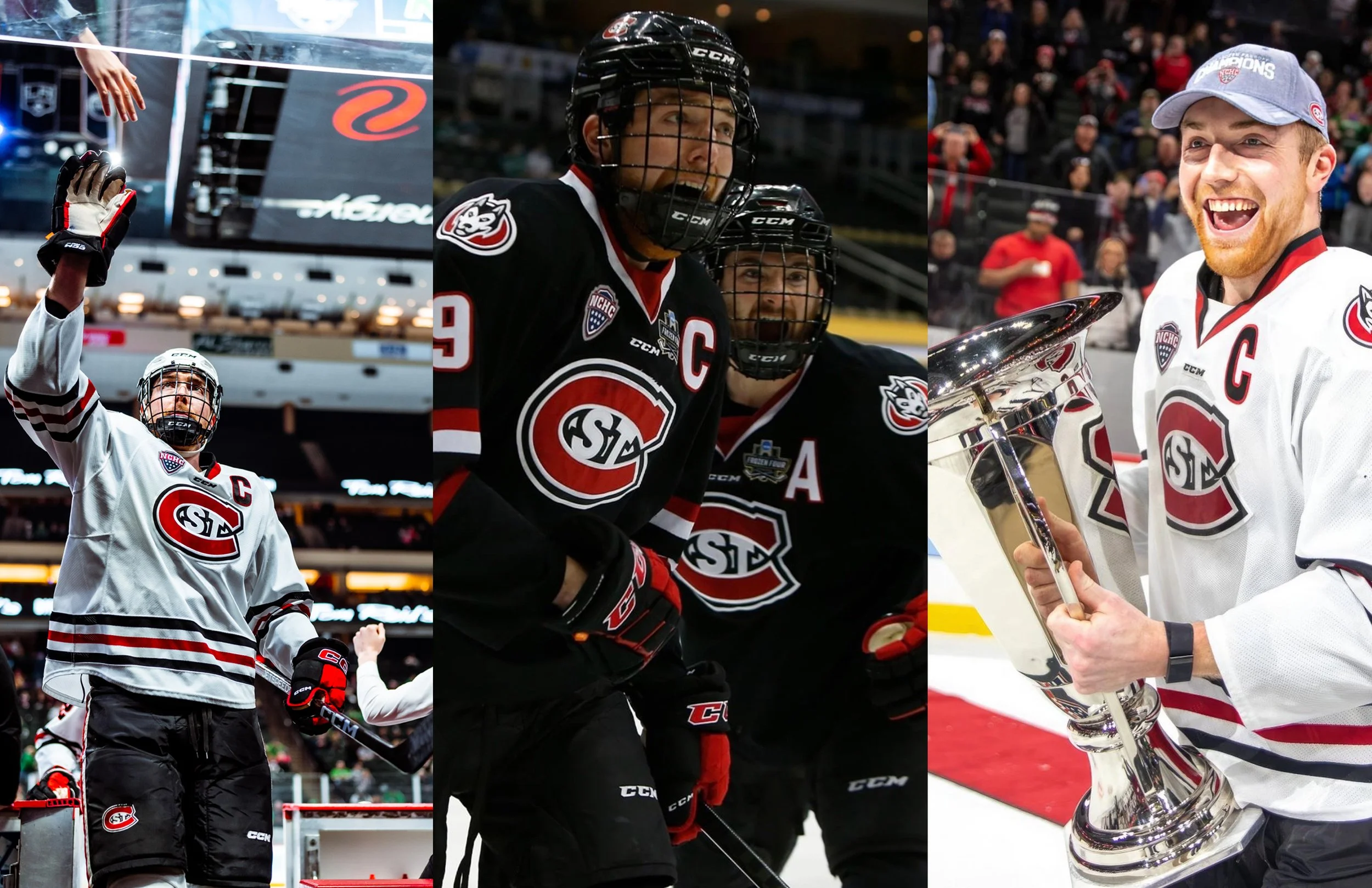 Three hockey players from the same team celebrating, wearing black and white jerseys with the team's logo and captain's 'C' on their chests. The middle player is in black, the player on the right in white, and the left player also in white, holding and raising a hockey stick. The right player is holding a trophy and smiling, with a crowd in the background.