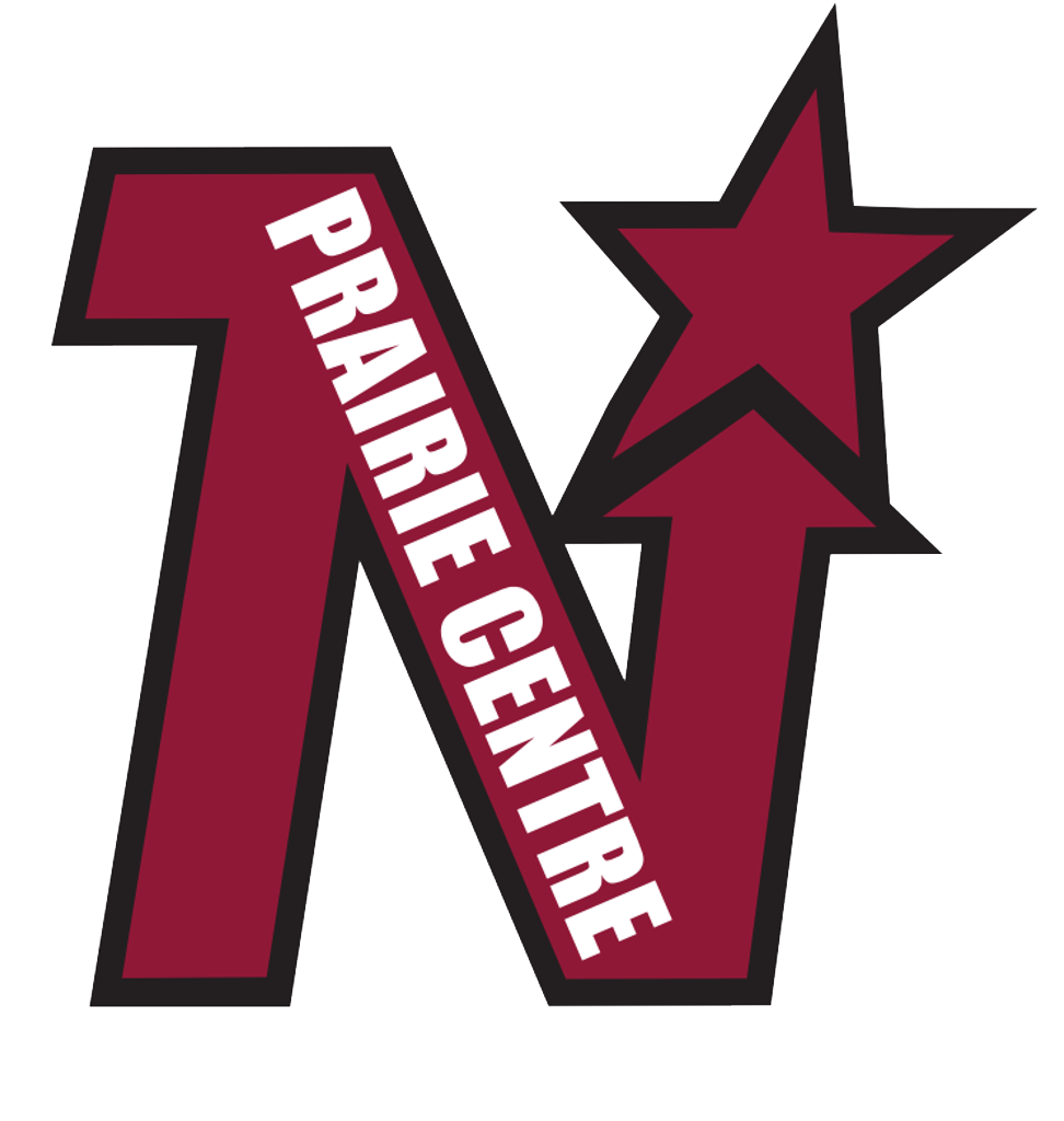 Logo for the Prairie Centre featuring a large maroon letter W with black outlining, two maroon stars with black outlines, and the text 'Prairie Centre' written diagonally across the W.