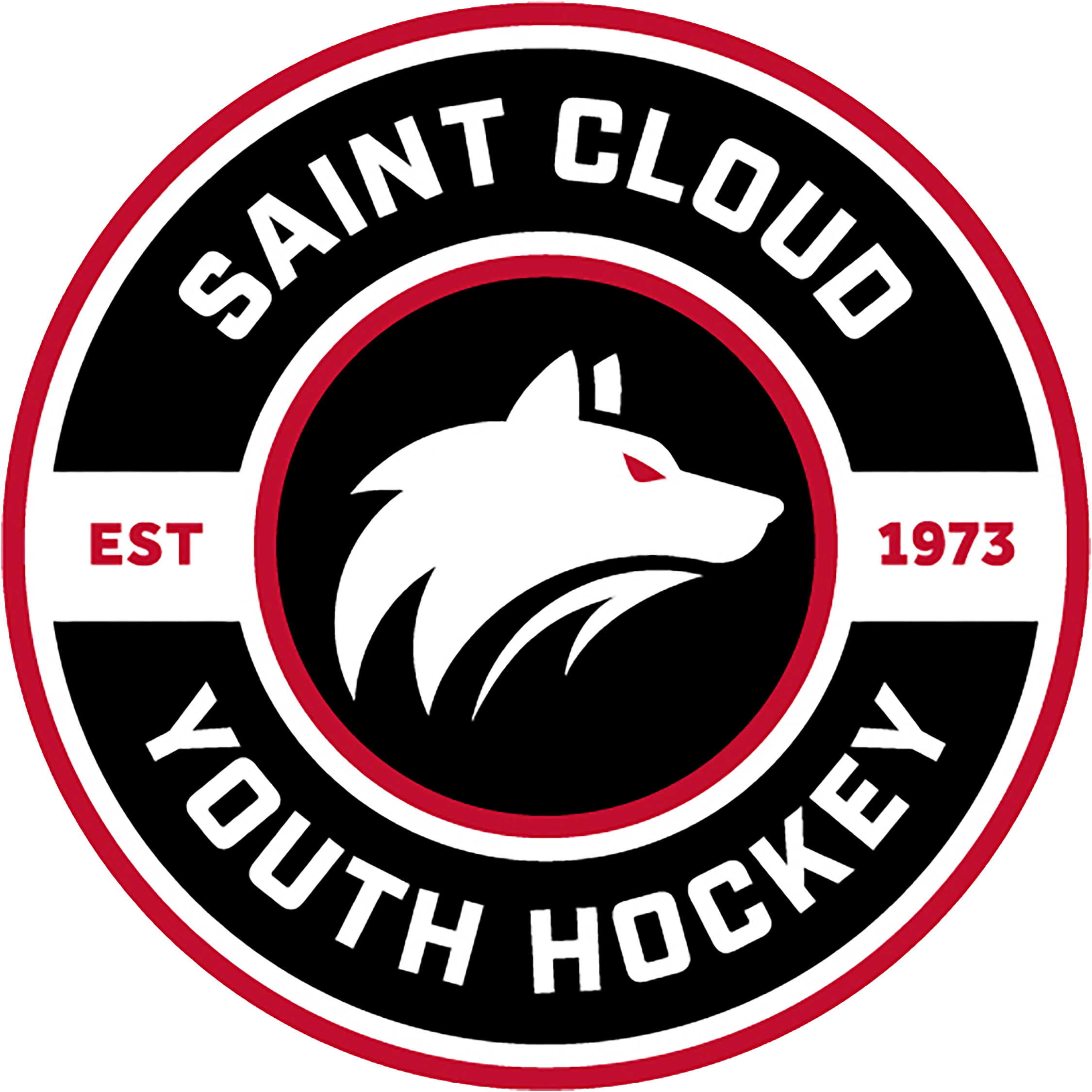 Logo of Saint Cloud Youth Hockey, established in 1973, featuring a stylized wolf head with red eyes in the center, surrounded by black, white, and red circular text.