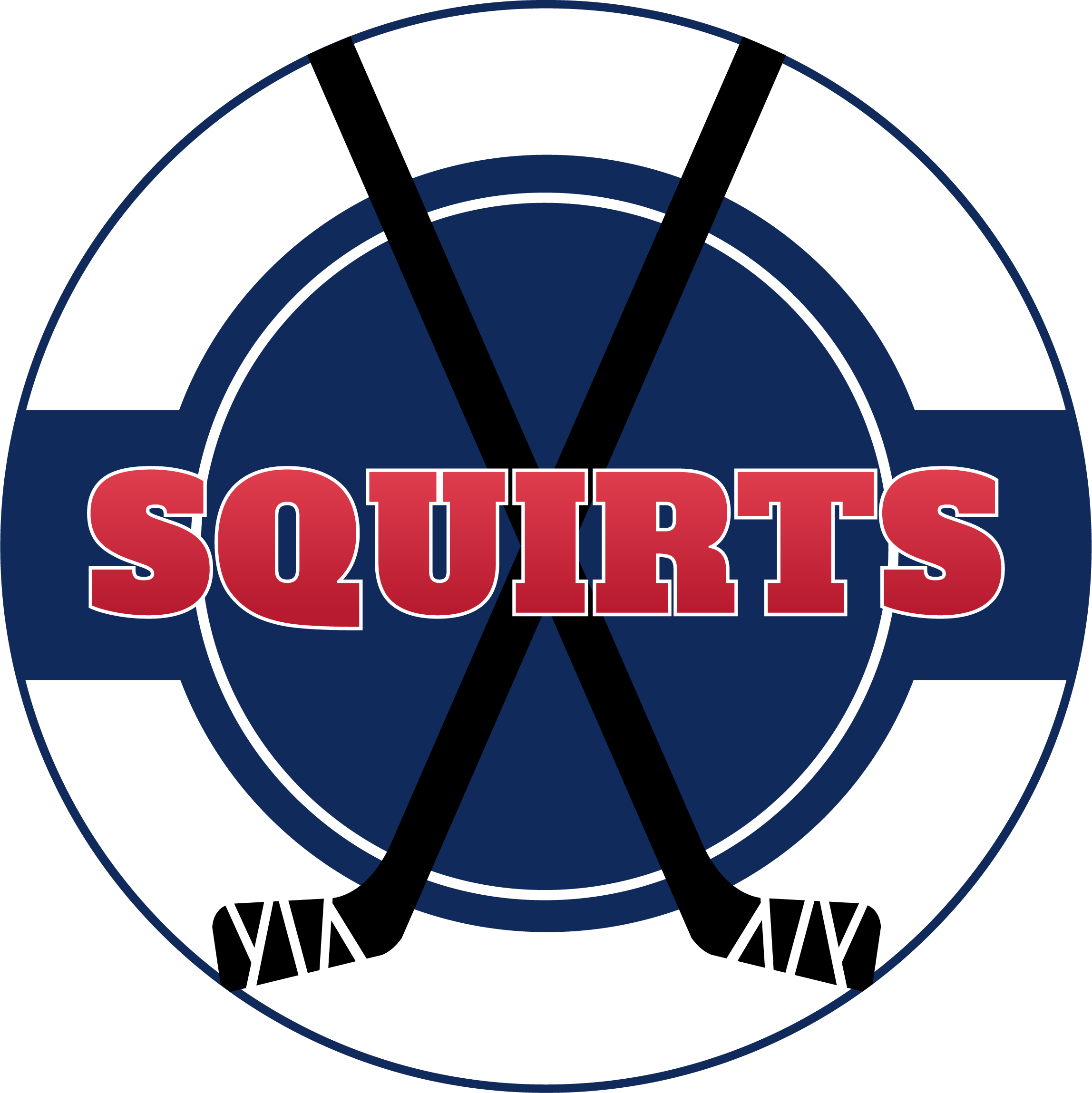 Logo of a sports team or club called 'Squirts' with a stylized dartboard and darts in the background.