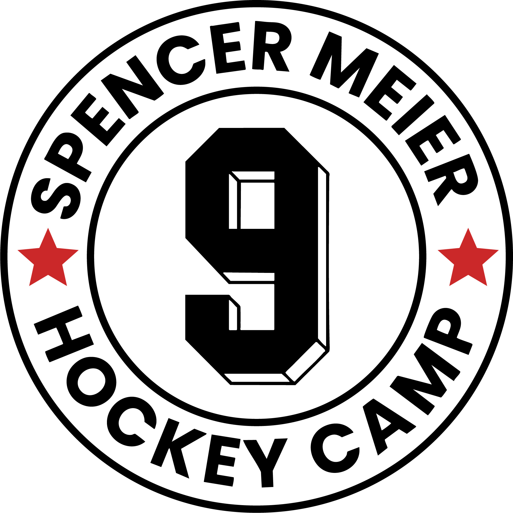 Hockey puck with a large number 9 in the center, surrounded by a circular band with the words 'SPENCER MEIER HOCKEY CAMP' and two red stars.