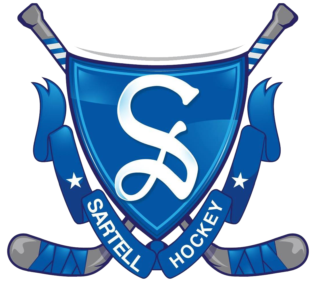 Logo for StarTel Hockey, featuring a blue shield with a white dollar sign, hockey sticks crossed behind the shield, and a banner with the text 'StarTel Hockey'.
