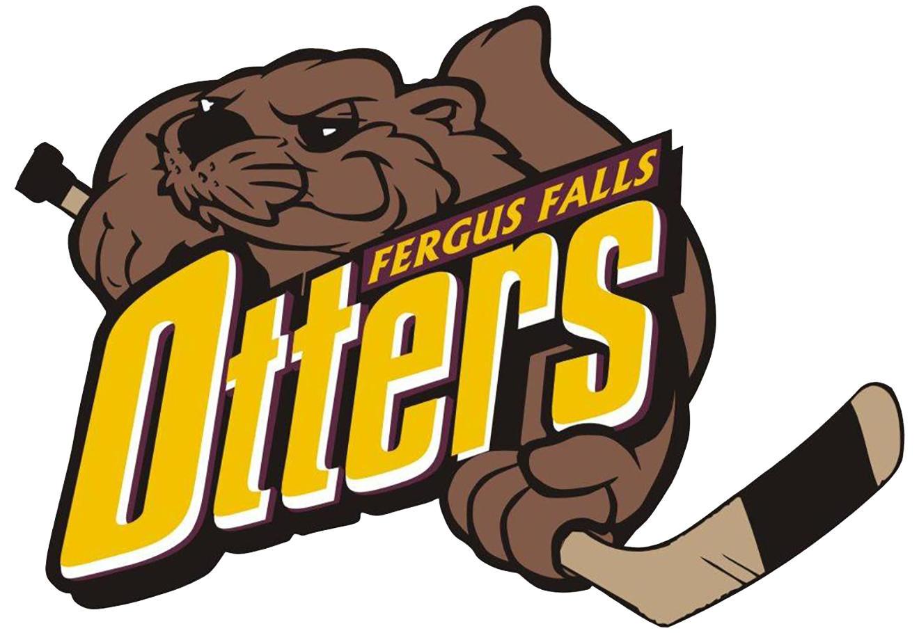 Logo for Fergus Falls Otters featuring an otter's head and paws holding a hockey stick, with bold yellow and purple text.