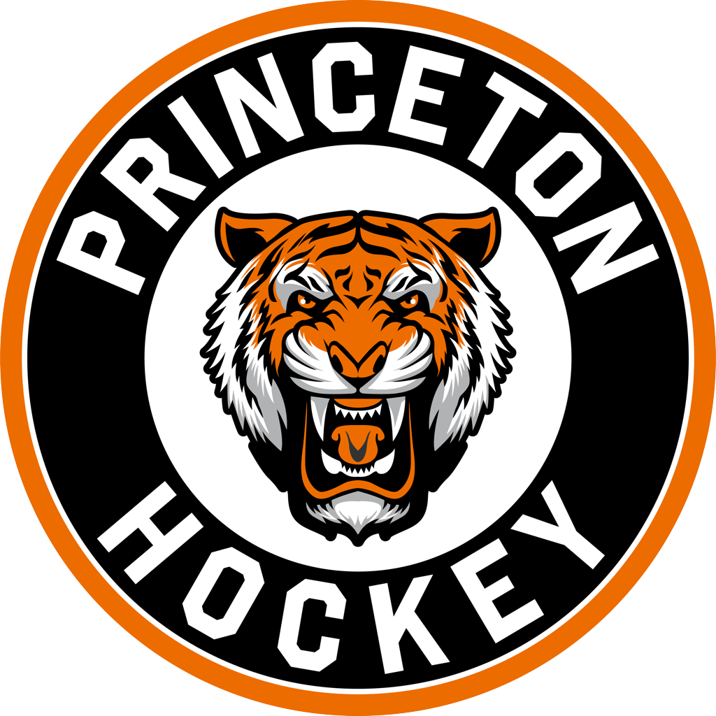 Logo of Princeton Hockey featuring a fierce tiger's head in the center, with the words 'Princeton Hockey' in bold uppercase letters around the tiger, all enclosed in a circular black and orange border.