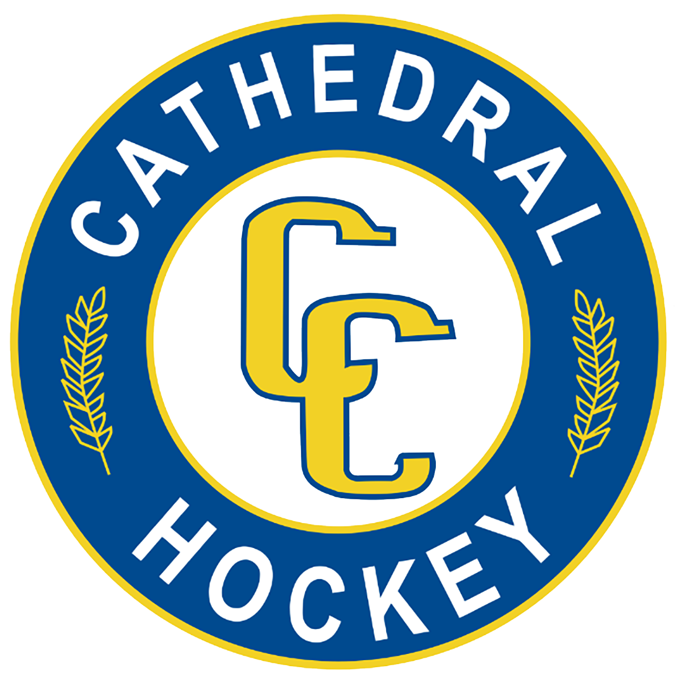 Logo of Cathedral Hockey with a blue circular border, gold and white lettering spelling 'Cathedral Hockey', and an intertwined 'C' and 'F' in the center.