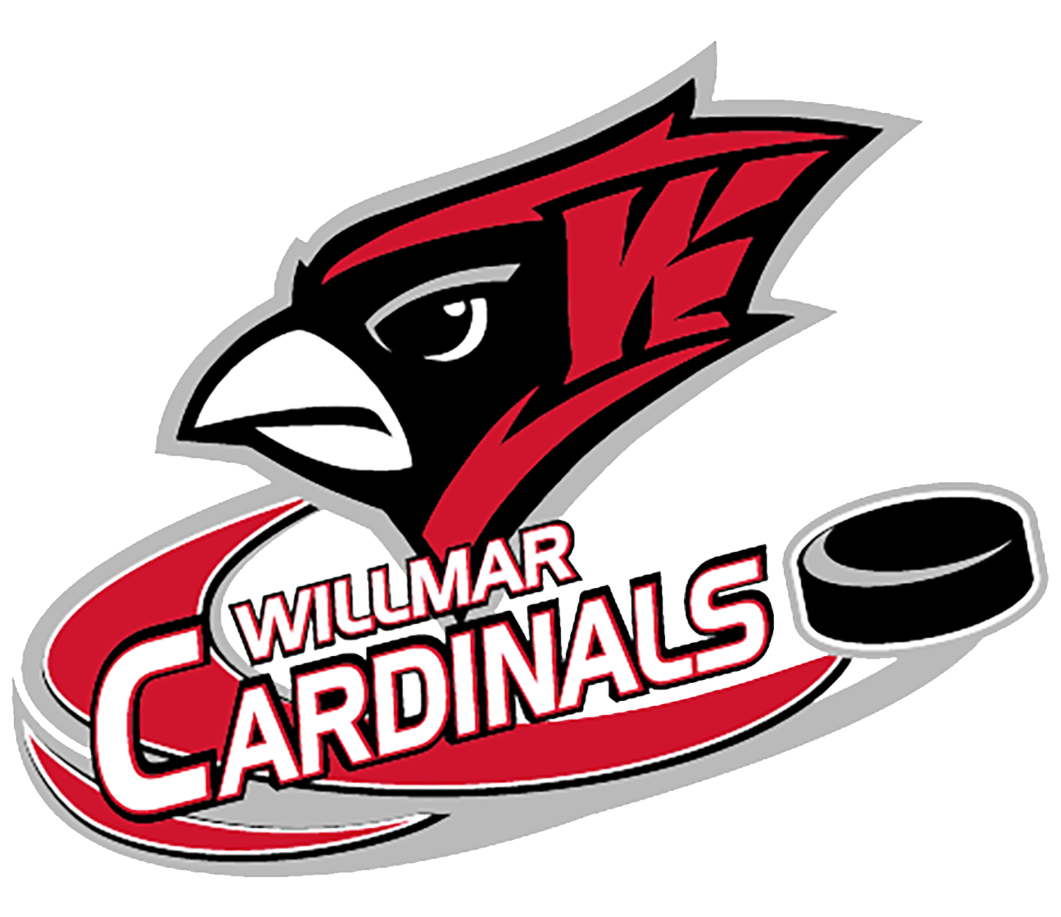 Logo of the Willmar Cardinals hockey team featuring a black eagle head with red accents and a hockey puck, with the team name in bold red and white text.