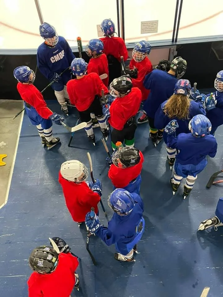 Group of young kids in hockey gear gathering in a rink's corner, wearing red and blue jerseys, helmets, and holding hockey sticks.