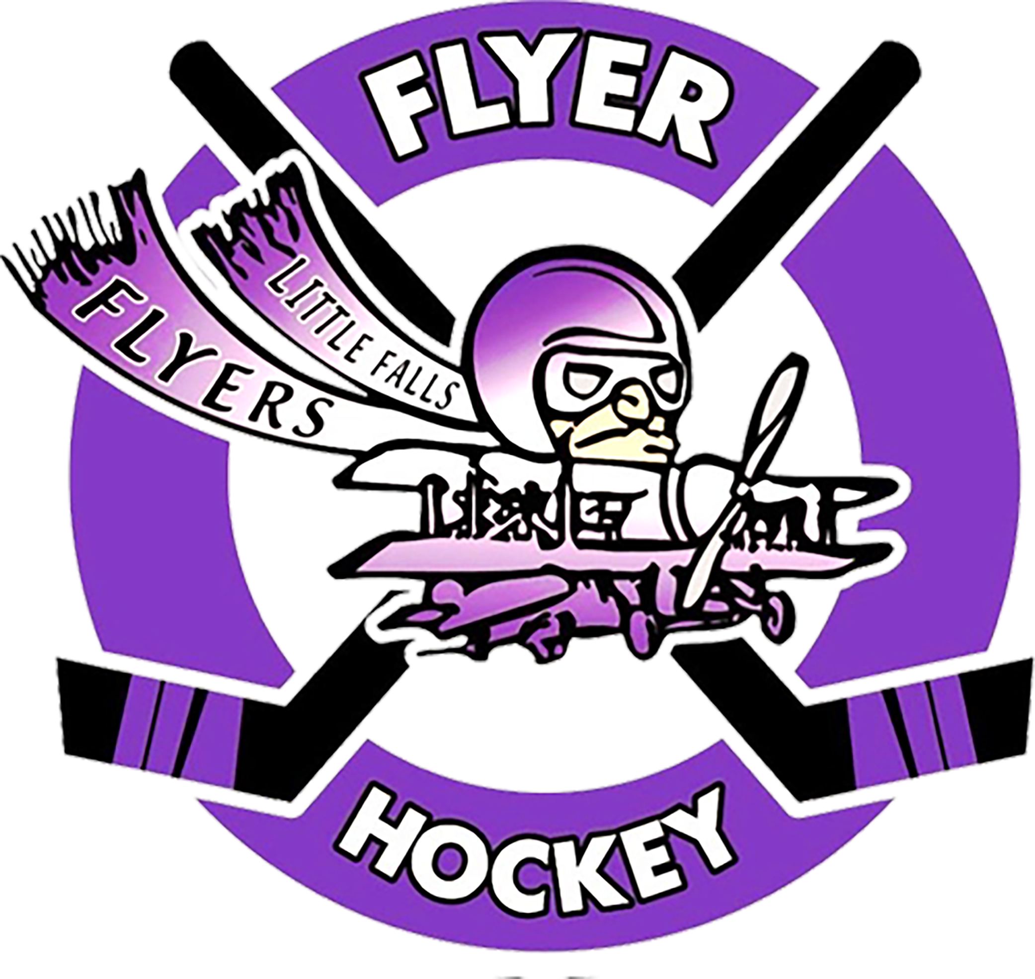 A logo for Flyer Hockey featuring a cartoon bird wearing a vintage hockey helmet and goggles, holding a hockey stick, with purple and black hockey sticks crossed behind it, and banners with the text "Little Falls Flyers" and "Flyer Hockey".