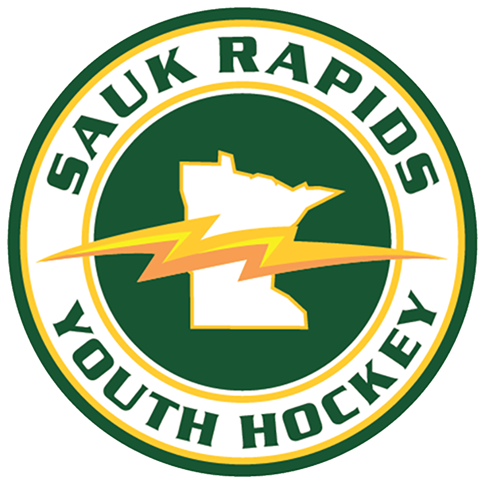 Logo for Sauk Rapids Youth Hockey featuring a hockey rink outline, lightning bolt, and text.
