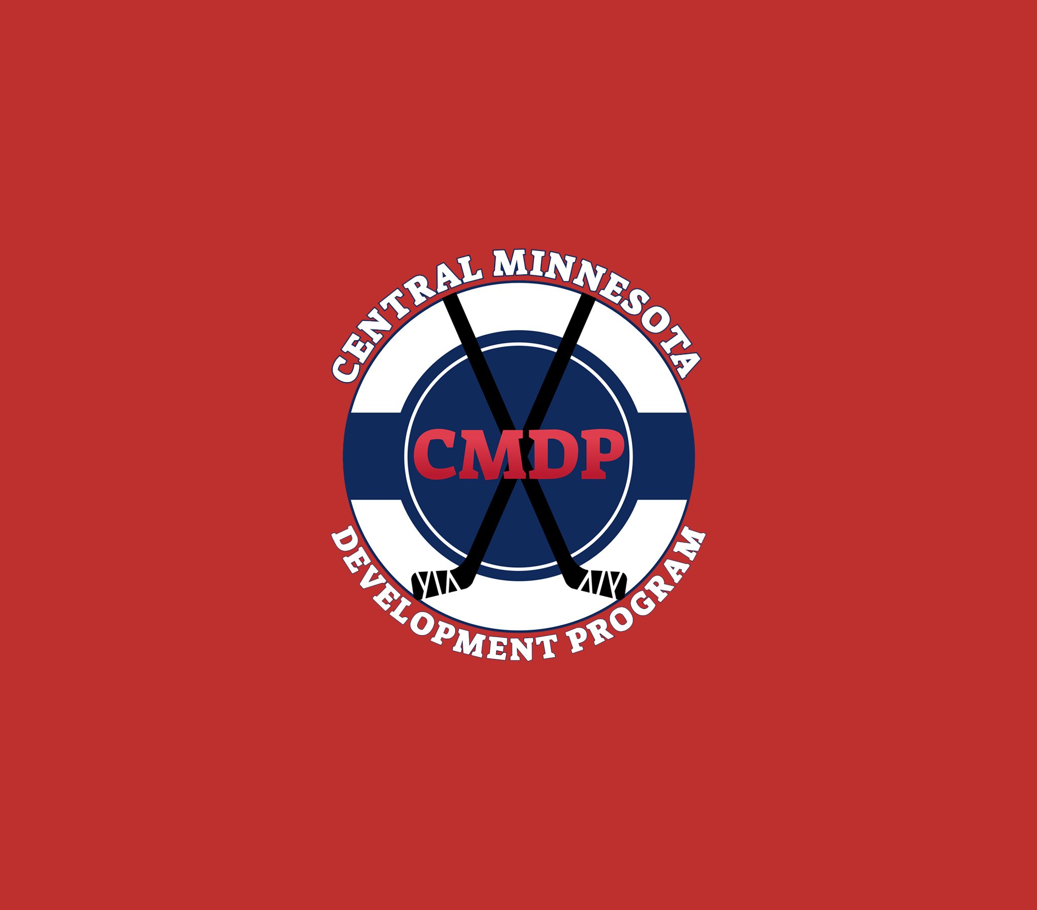 Red background with Central Minnesota Development Program logo featuring a hockey puck and crossed hockey sticks, with text around the logo.