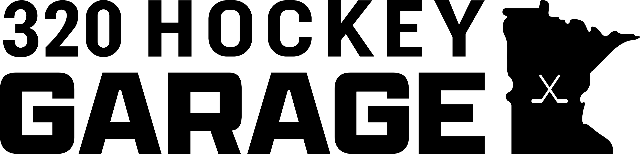 Outline of the state of Minnesota with a hockey stick crossed with a puck, accompanied by the text '320 Hockey Gear'.