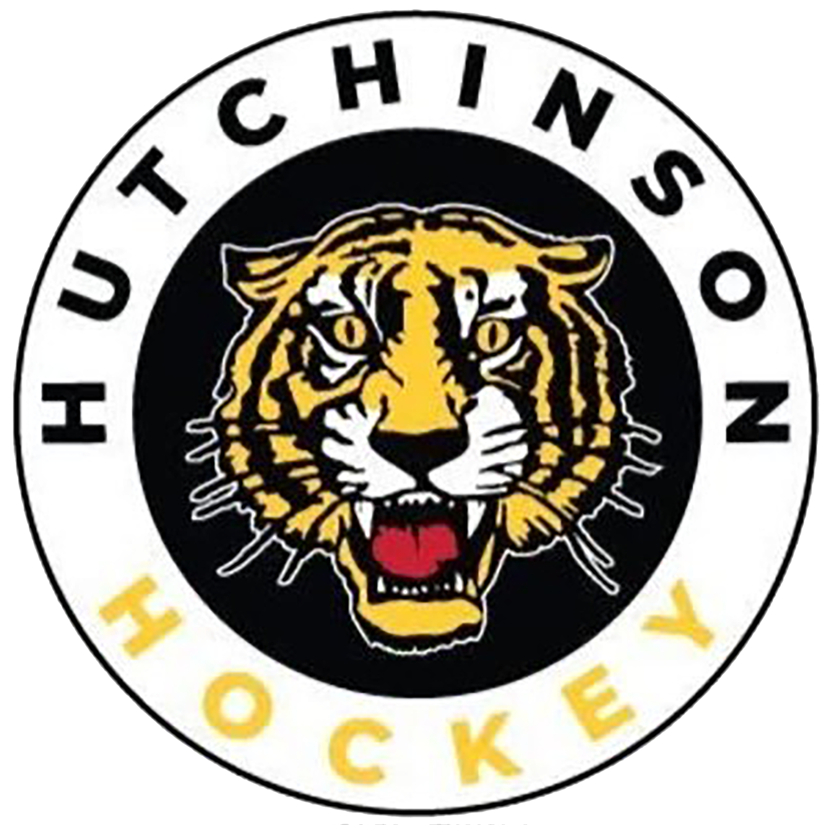 The logo of the Huntington Shockley Hockey Team, featuring a fierce tiger's face at the center, with the words 'Huntington Shockley Hockey' encircling the tiger in black and yellow letters.