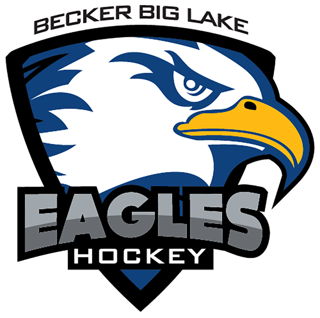 Logo of Becker Big Lake Eagles Hockey featuring a fierce eagle head with blue and white feathers and a yellow beak, with the text "BECKER BIG LAKE EAGLES HOCKEY".