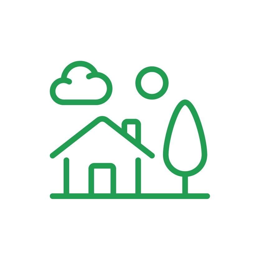 Green outline of a house, tree, cloud, and sun on a black background.