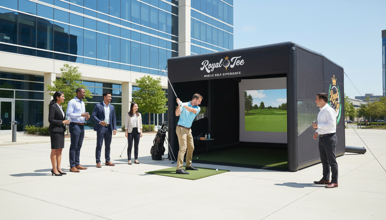 A group of six people watching a man tee off in a golf simulation tent outside a modern office building.