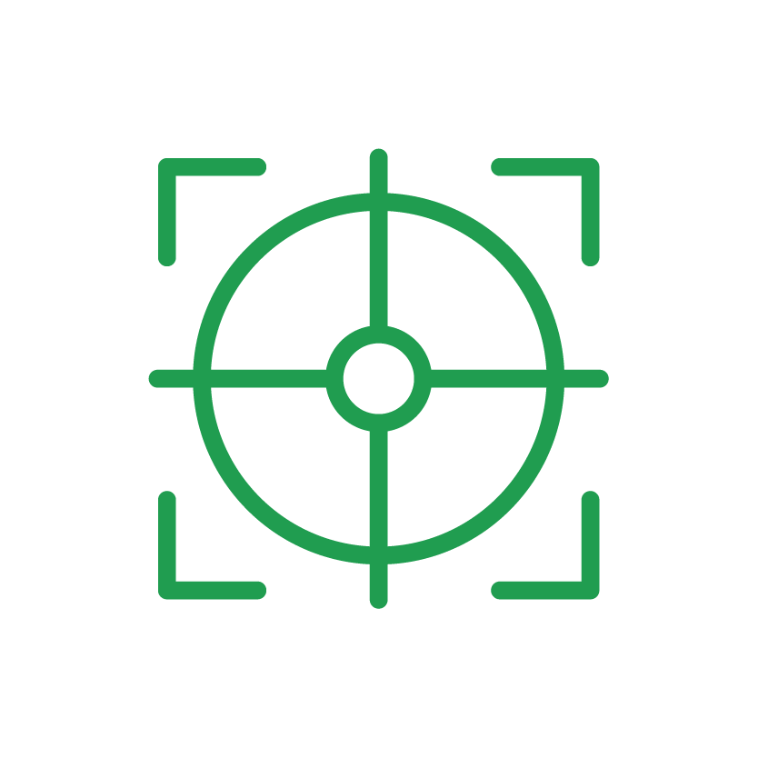 Green crosshair target symbol on black background.