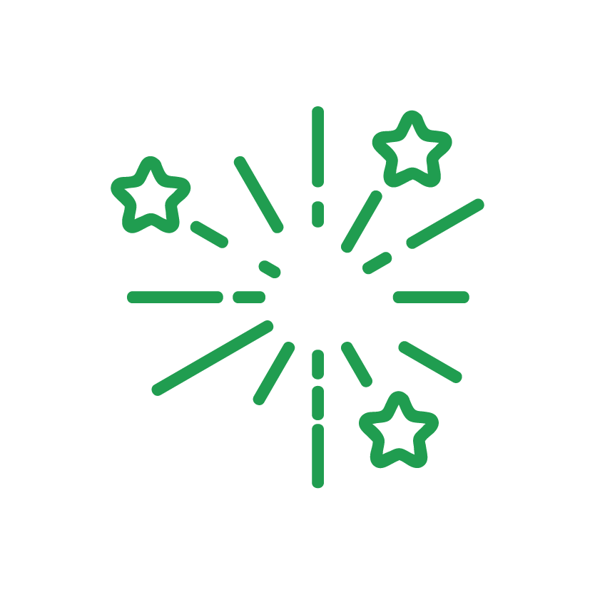 Green firework explosion with stars and sparks on a black background.