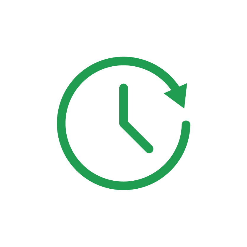 Green clock icon with a circular arrow around it, symbolizing time restoration or history.