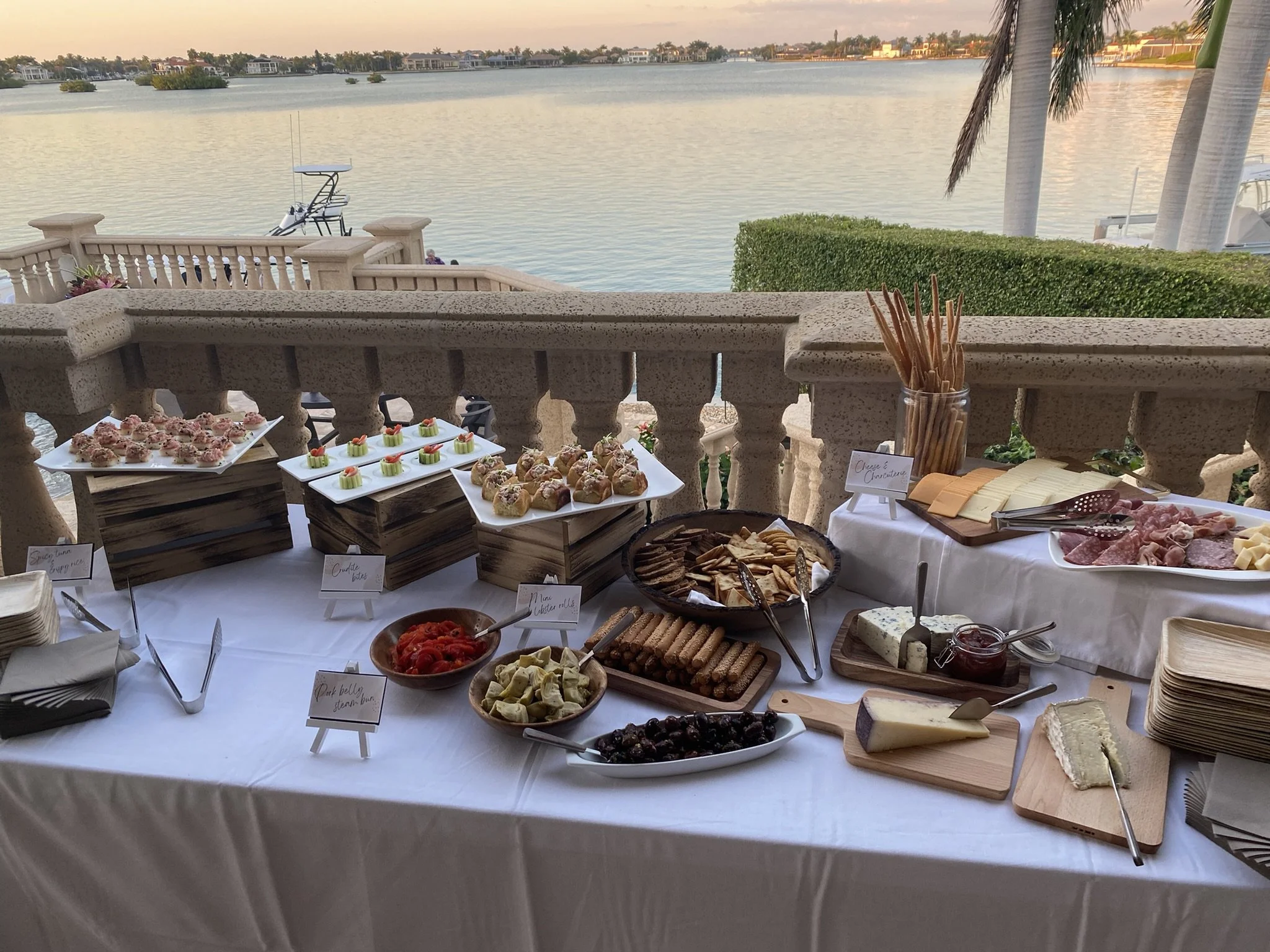 Buffet table with various appetizers, cheeses, meats, and crackers overlooking a water view with trees and houses in the background.