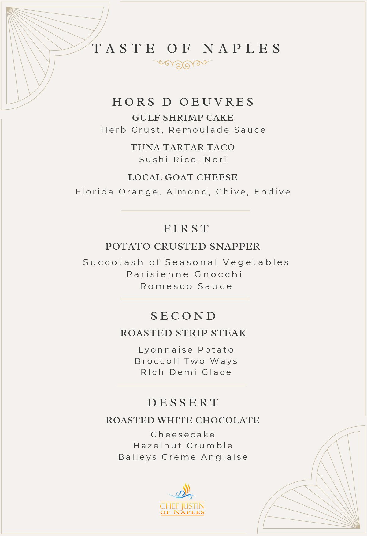Menu for Taste of Naples, listing dishes including Gulf Shrimp Cake, Tuna Tartar Taco, Local Goat Cheese, Potato Crusted Snapper, Roasted Strip Steak, and Roasted White Chocolate dessert, on a white background with decorative corner designs.