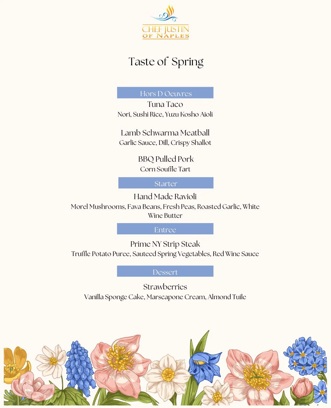 Spring-themed restaurant menu with floral border, listing dishes including tuna taco, lamb meatball, BBQ pulled pork, handmade ravioli, prime NY strip steak, and strawberries for dessert.