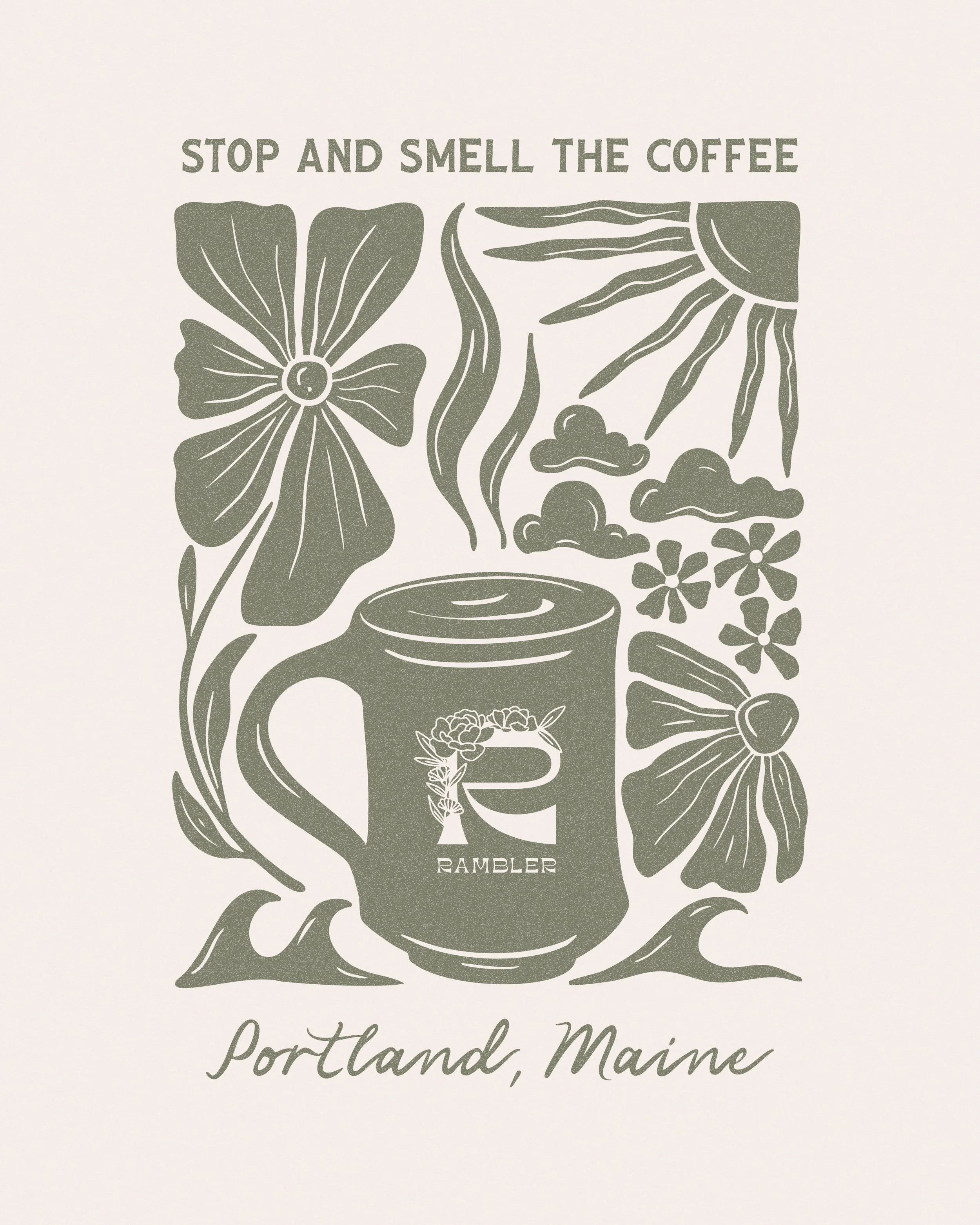 Stop and smell the coffee ☕️ 🌸 Merch design for our friends at @ramblermaine 

This project was pretty open ended at the beginning, the goals were to represent the cafe, the location and have flowers without being overly girly 

When I get to work w