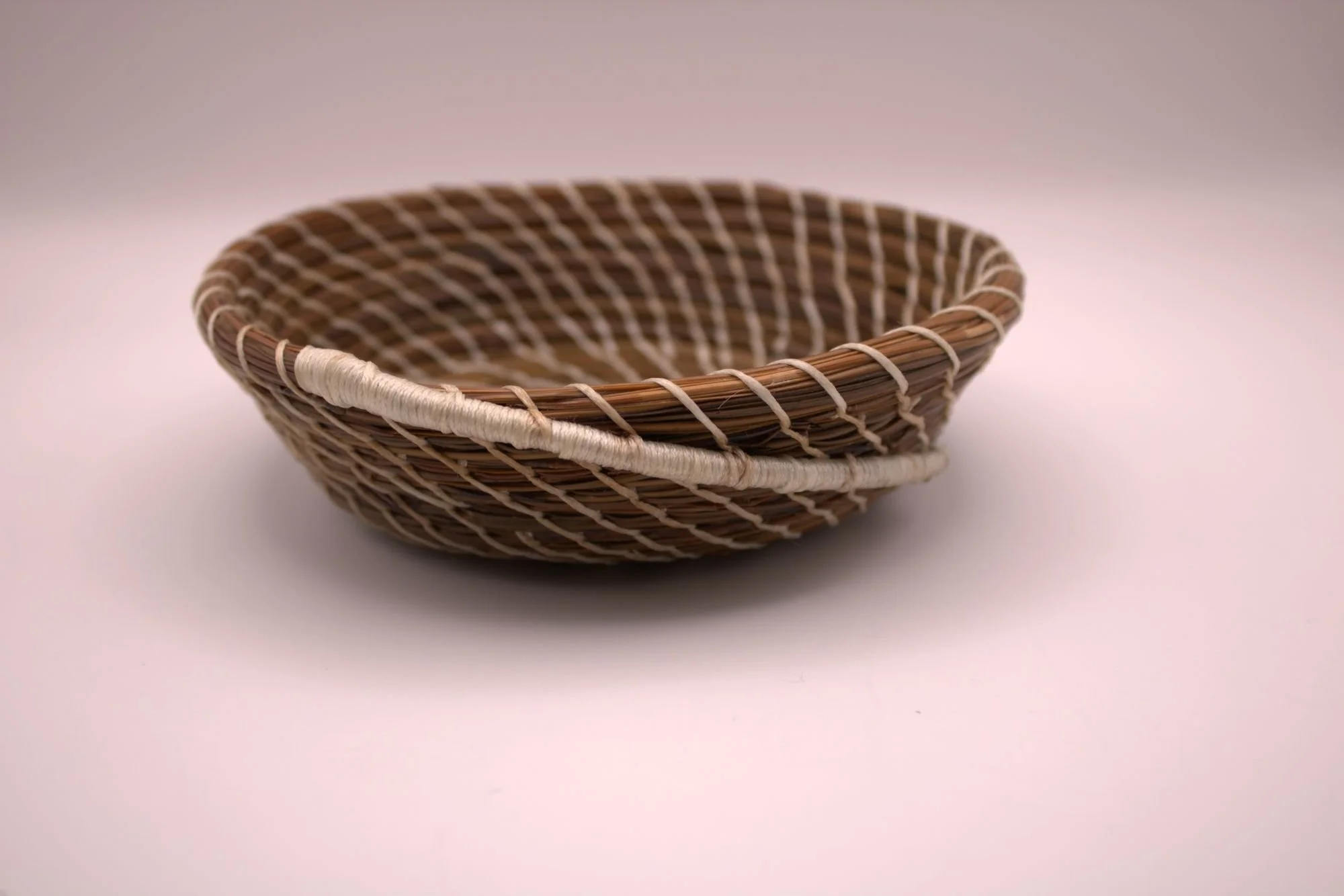 Pine Needle Basket with White Wrap Finish