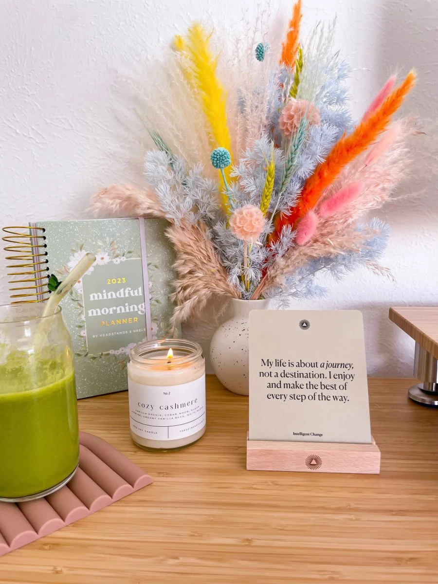 colorful bouqet and desk decor